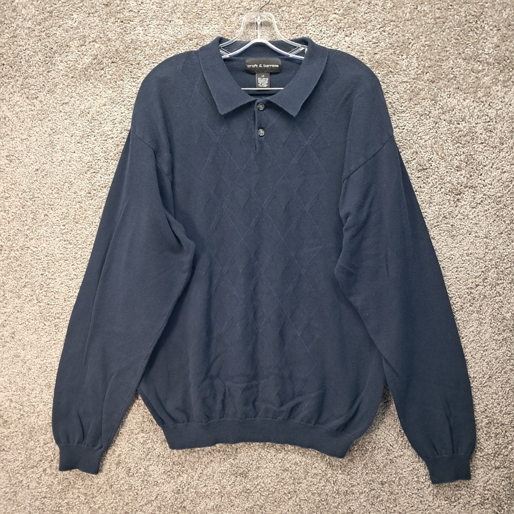 Croft & Barrow Mens Navy Blue Diamond Textured 100% Cotton Polo Sweater LT